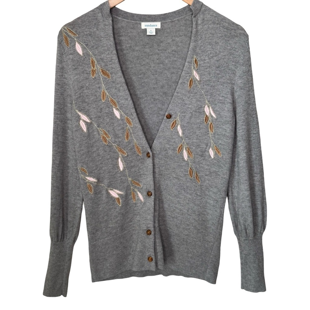 SUNDANCE Afterlight Gray Embroidered Cardigan Merino Wool Cotton Embellished SM - Picture 4 of 16